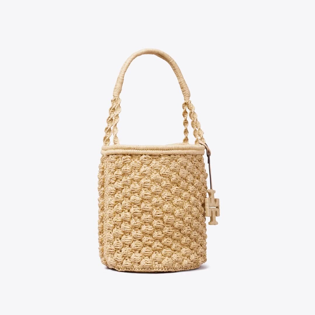Tory Burch Ella Hand-Crocheted Popcorn Bucket Bag Natural
