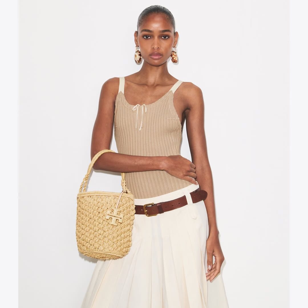 Tory Burch Ella Hand-Crocheted Popcorn Bucket Bag Natural