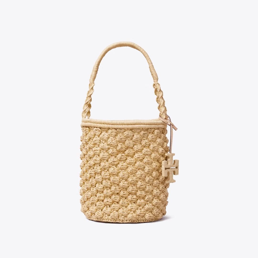 Tory Burch Ella Hand-Crocheted Popcorn Bucket Bag Natural
