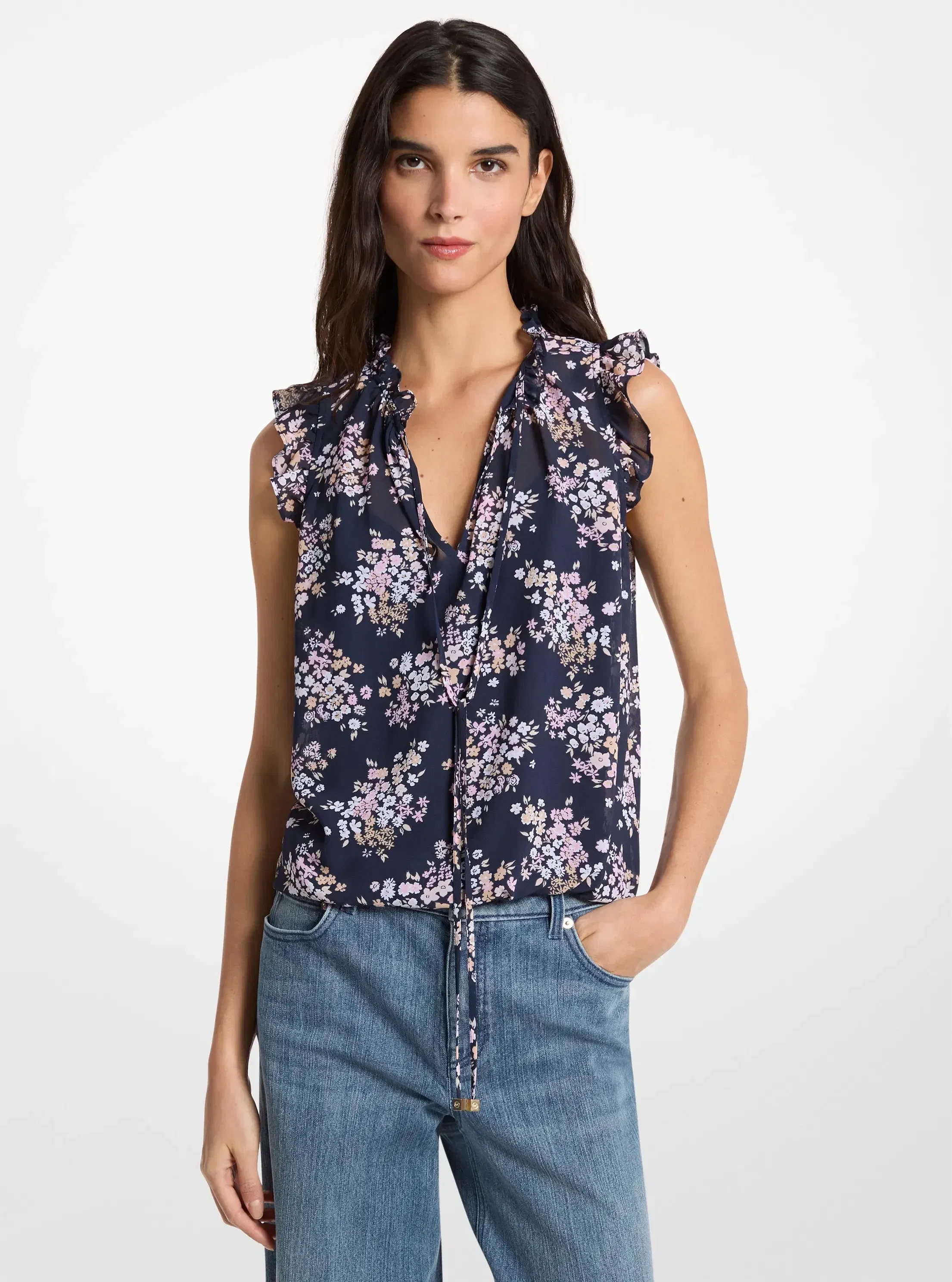 Michael Kors Floral Print Georgette Tie-Neck Blouse CARNATION
