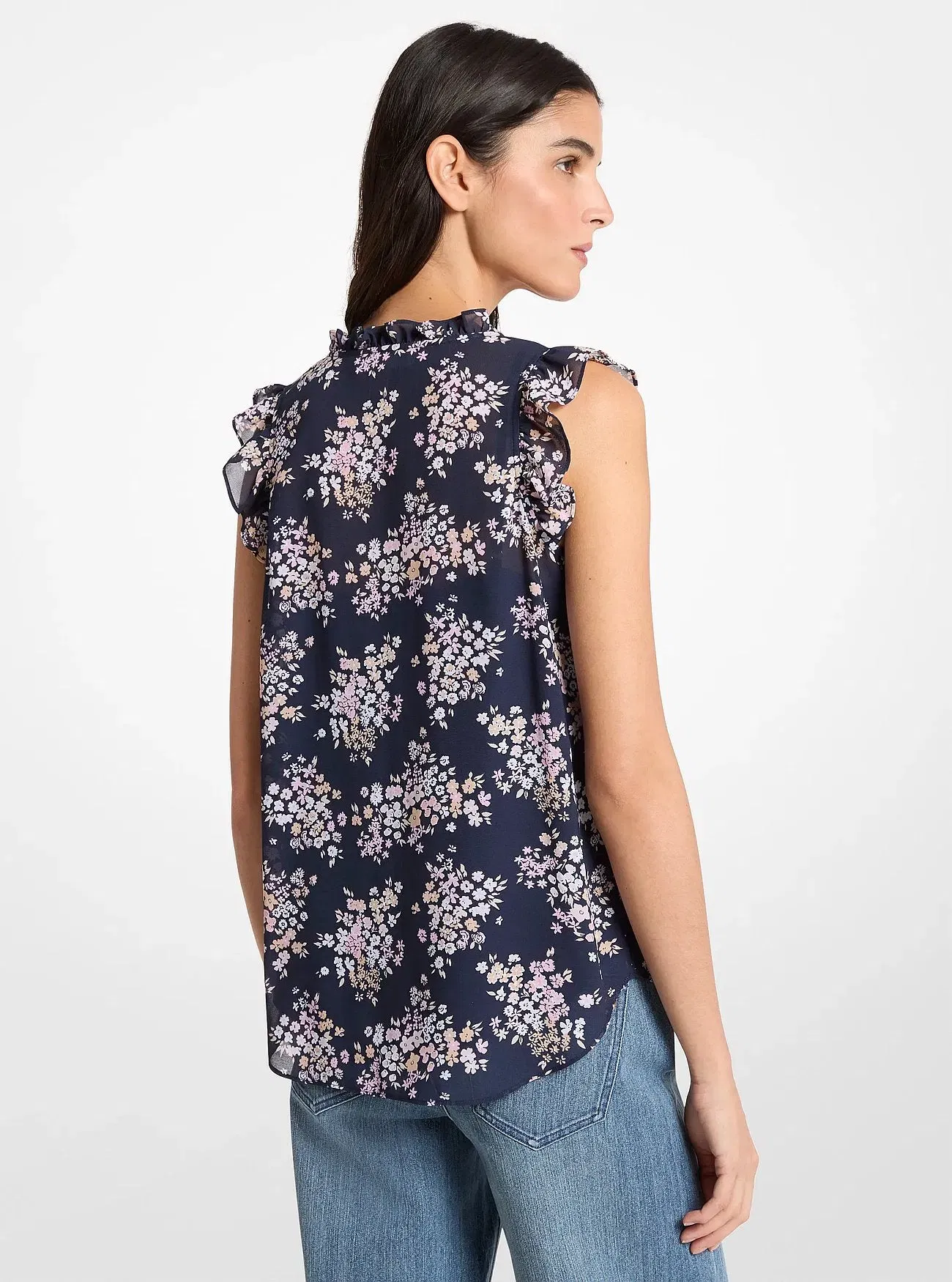 Michael Kors Floral Print Georgette Tie-Neck Blouse CARNATION