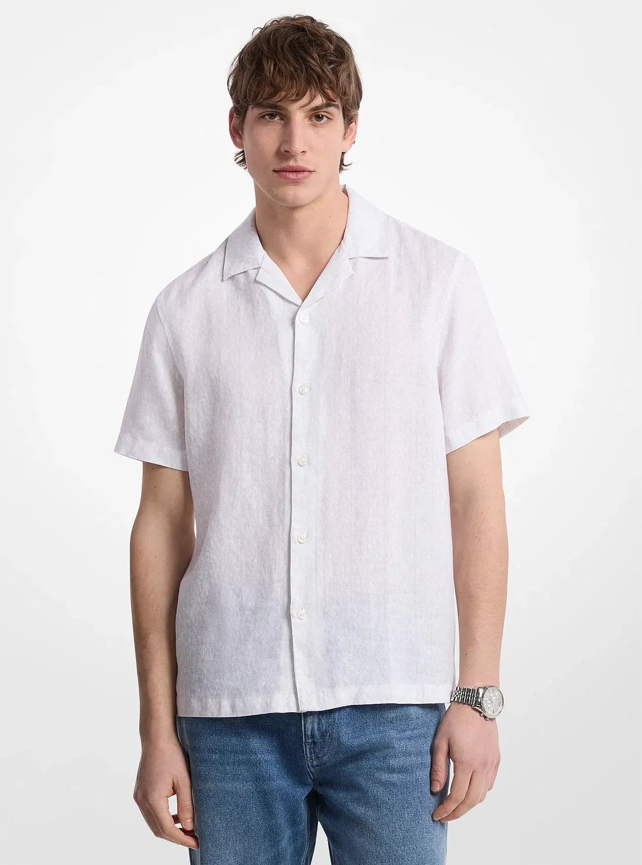 Michael Kors Signature Logo Linen Camp Shirt WHITE