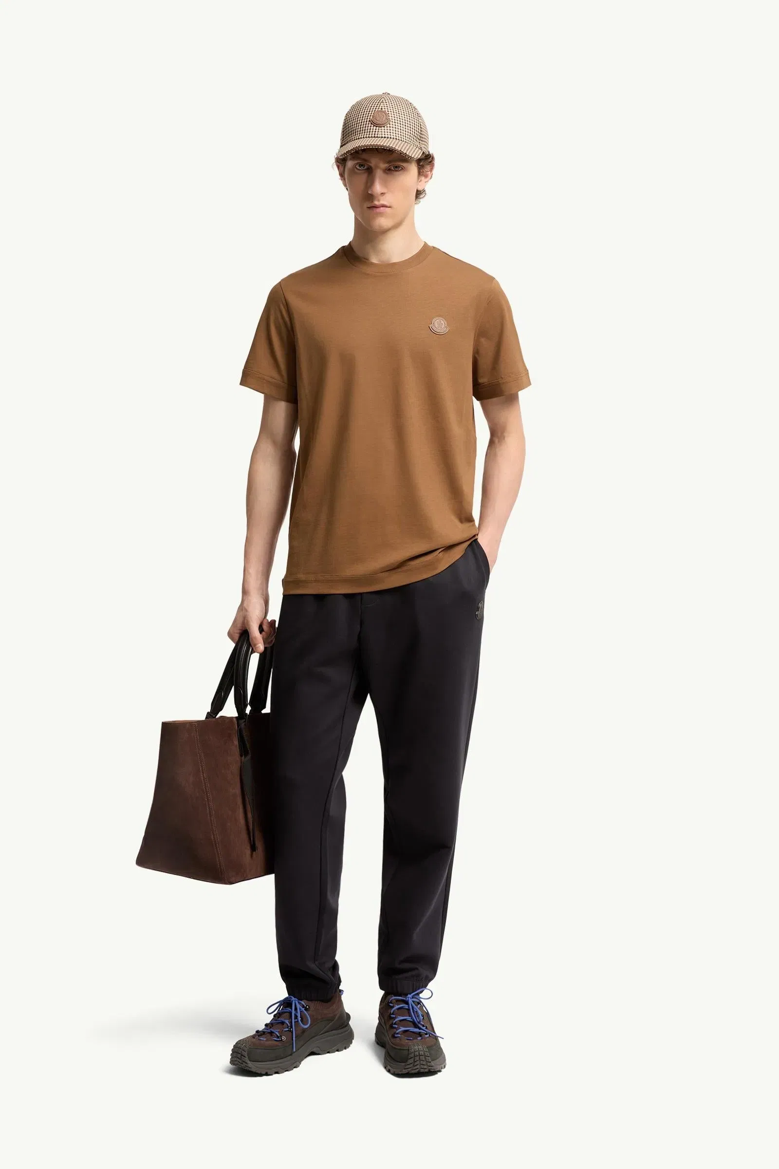 Moncler Double Leather Logo Cotton T-Shirt Brown Brown