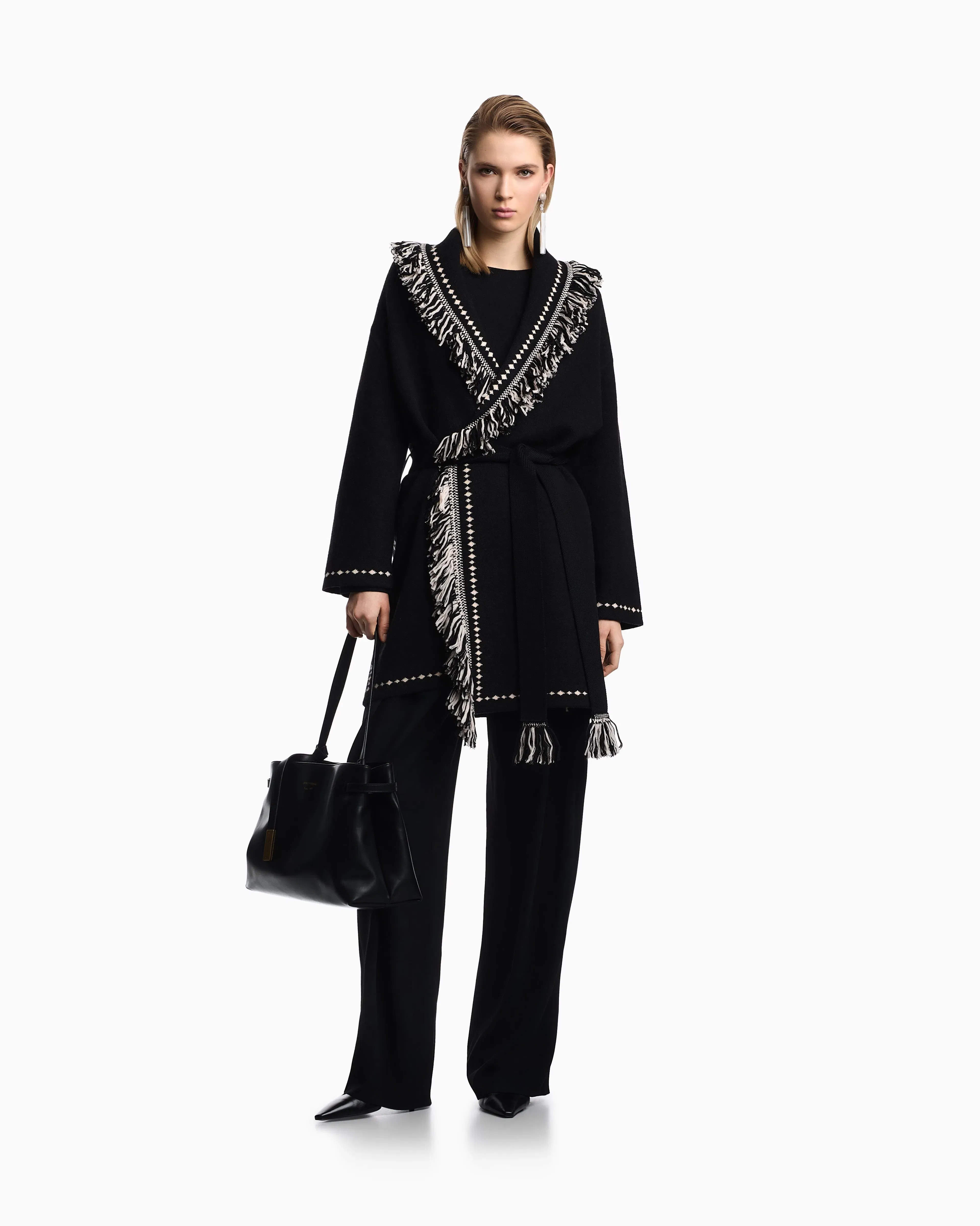 Emporio Armani Oversized cardigan with fringed edges and jacquard motif