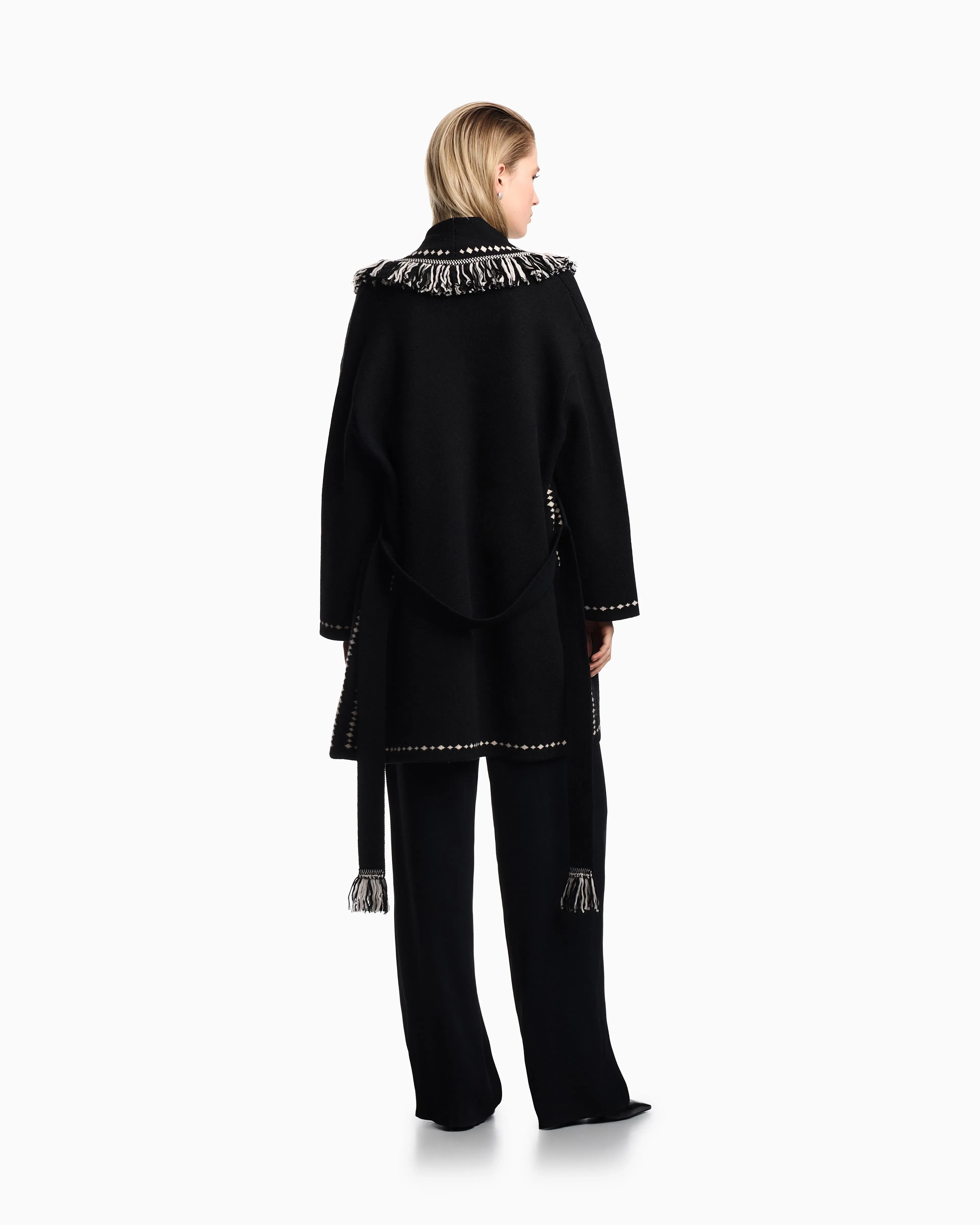Emporio Armani Oversized cardigan with fringed edges and jacquard motif