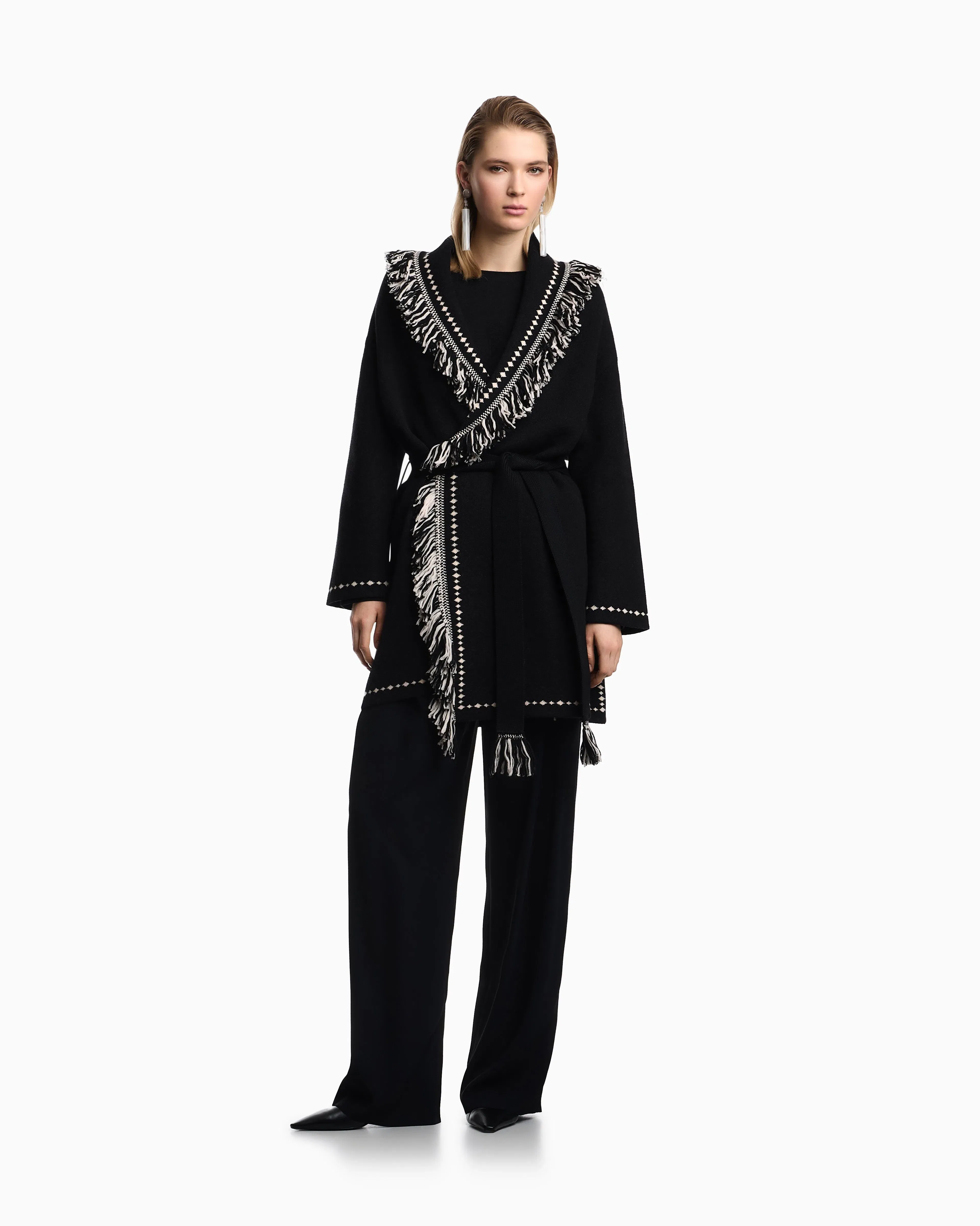 Emporio Armani Oversized cardigan with fringed edges and jacquard motif