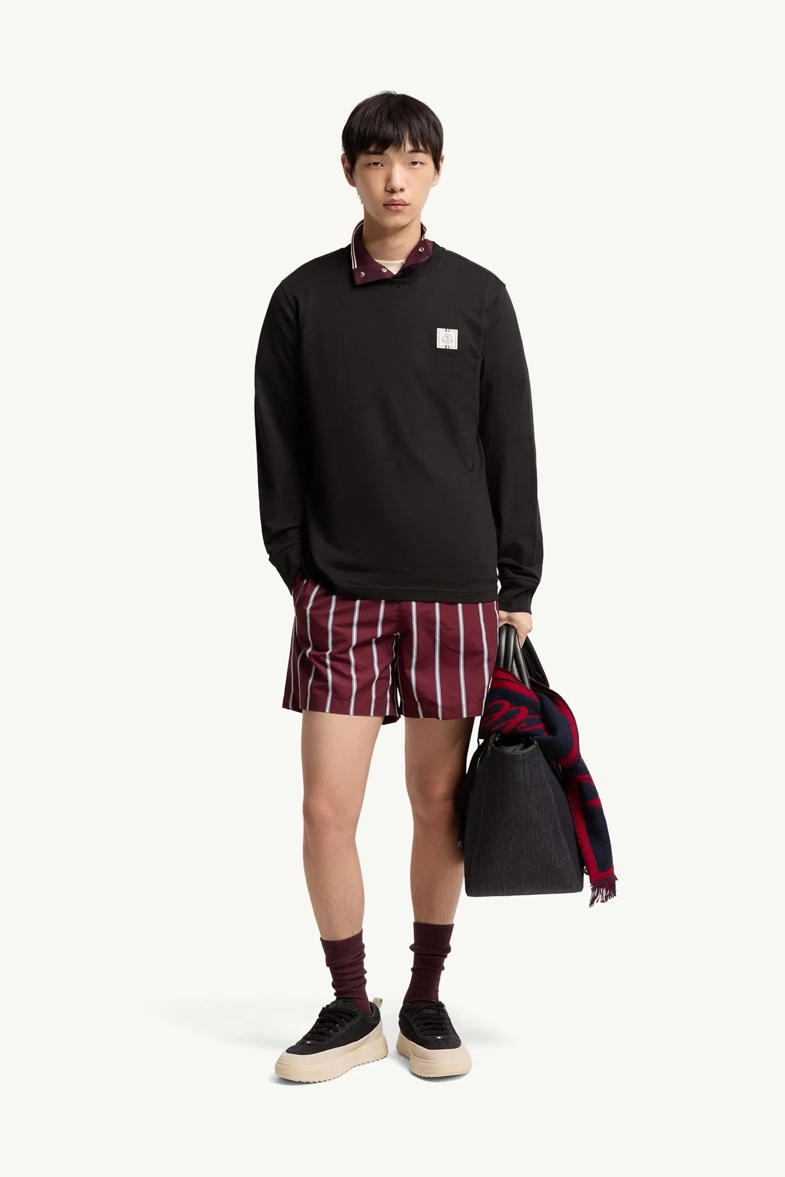 Moncler Tricolor Logo Long Sleeve Cotton T-Shirt Black Black