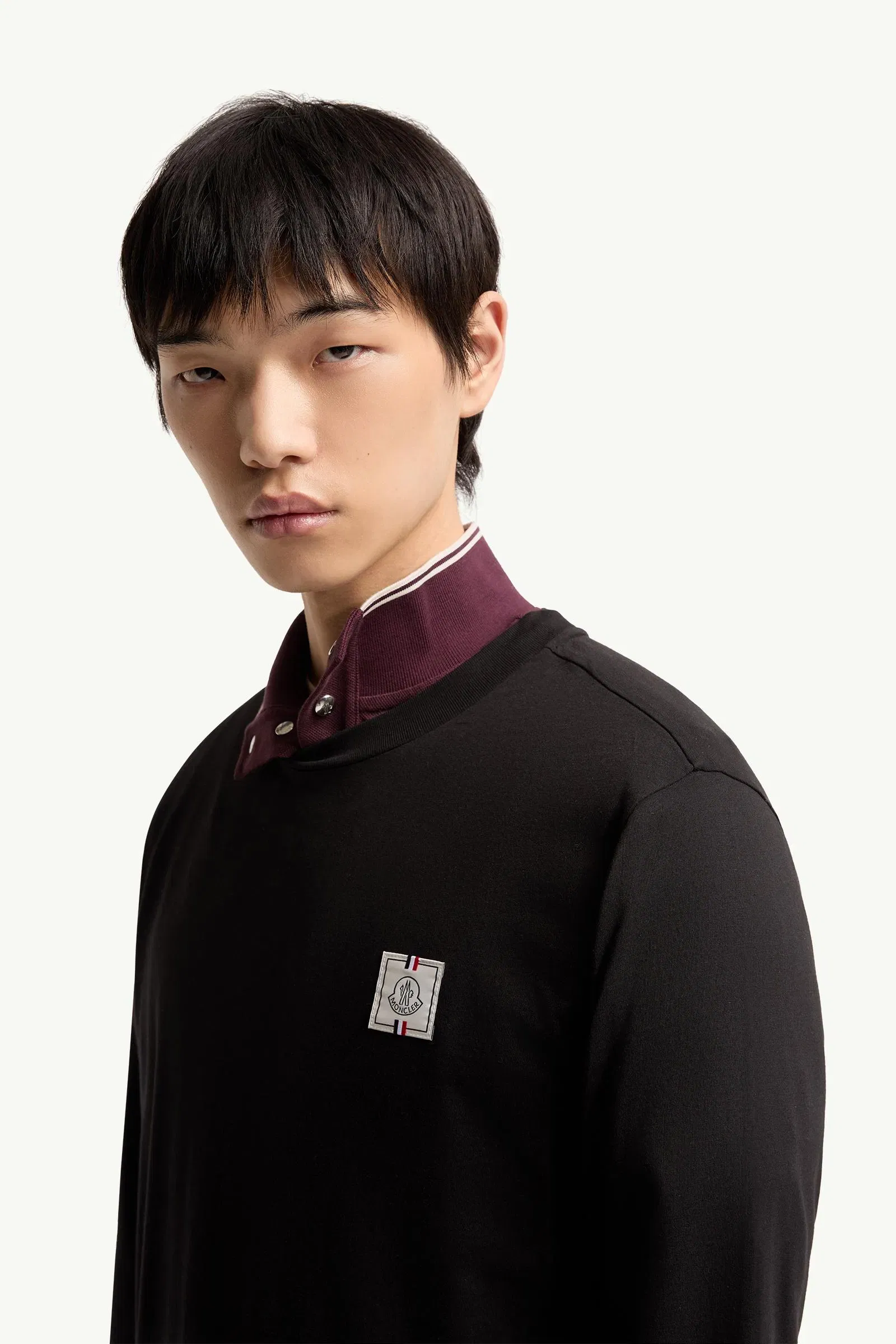 Moncler Tricolor Logo Long Sleeve Cotton T-Shirt Black Black