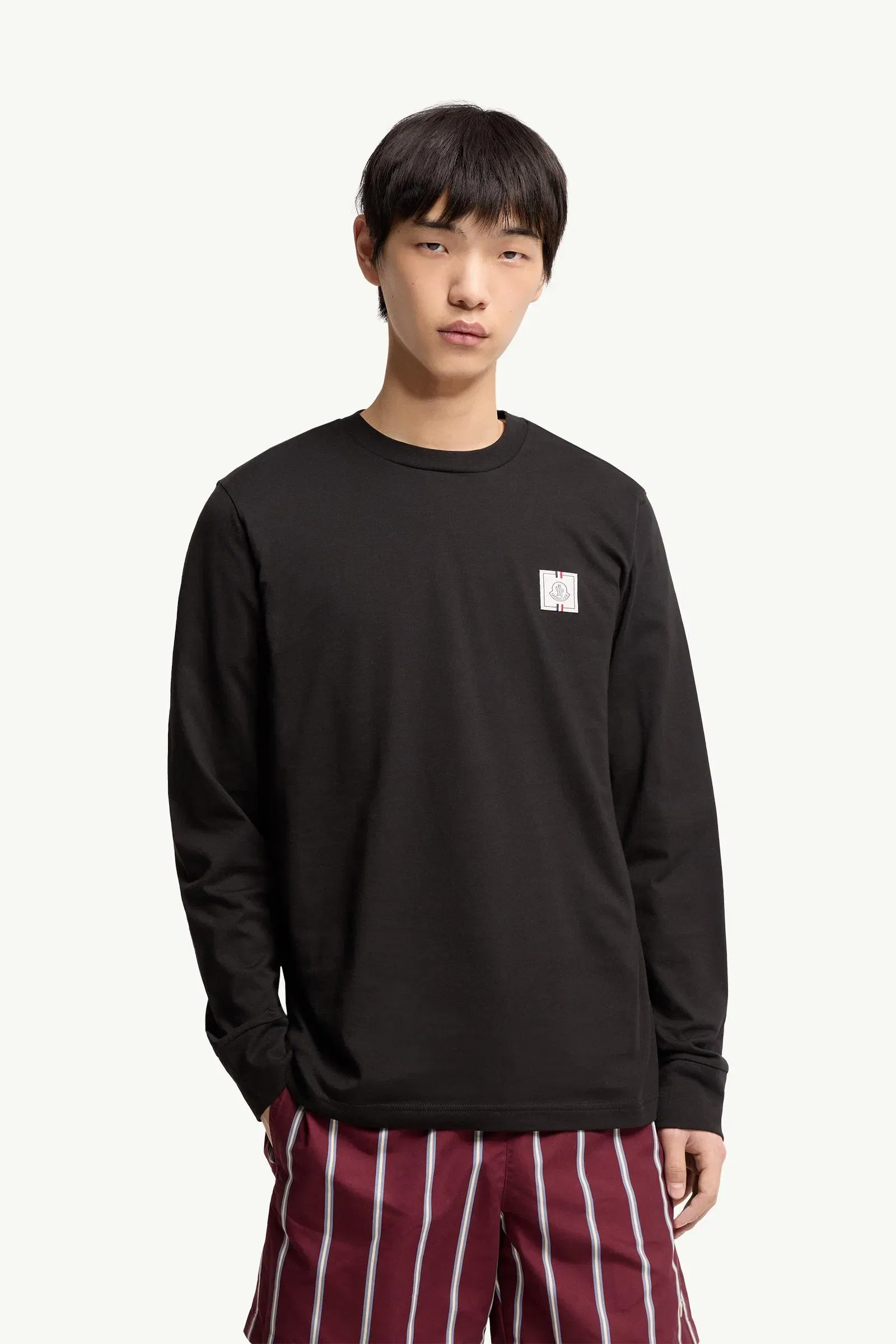Moncler Tricolor Logo Long Sleeve Cotton T-Shirt Black Black