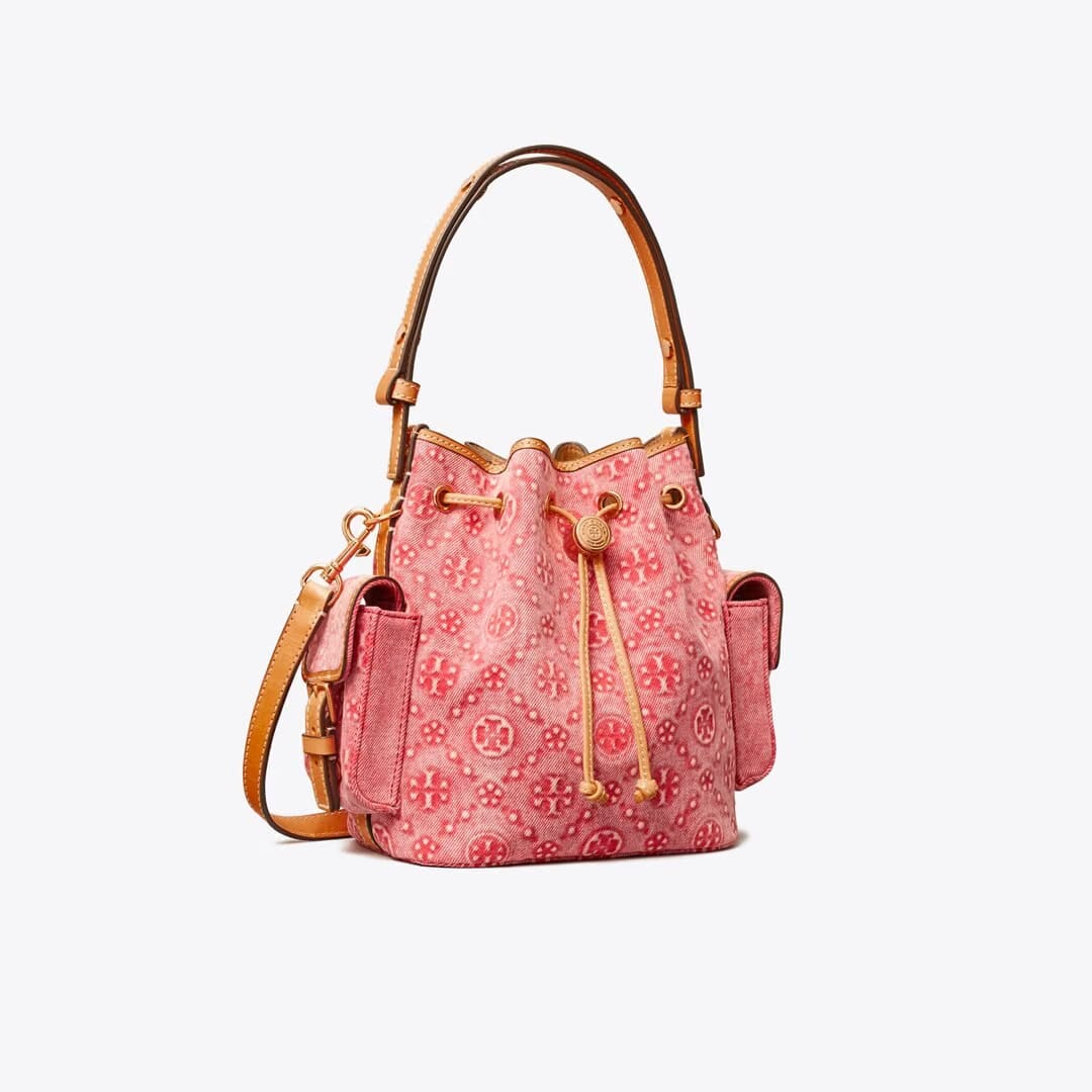 Tory Burch T Monogram Denim Bucket Bag Brilliant Red