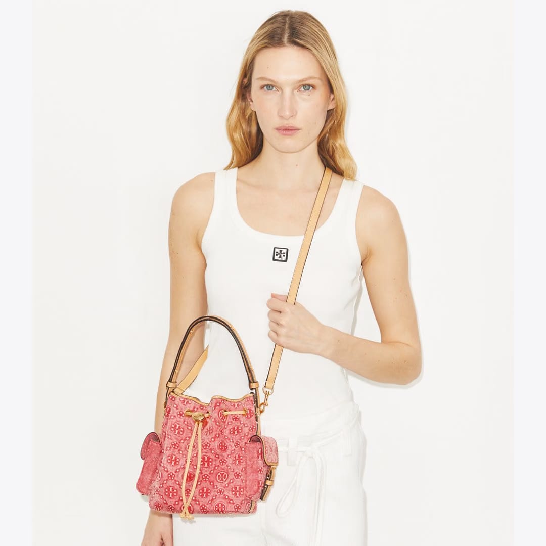 Tory Burch T Monogram Denim Bucket Bag Brilliant Red