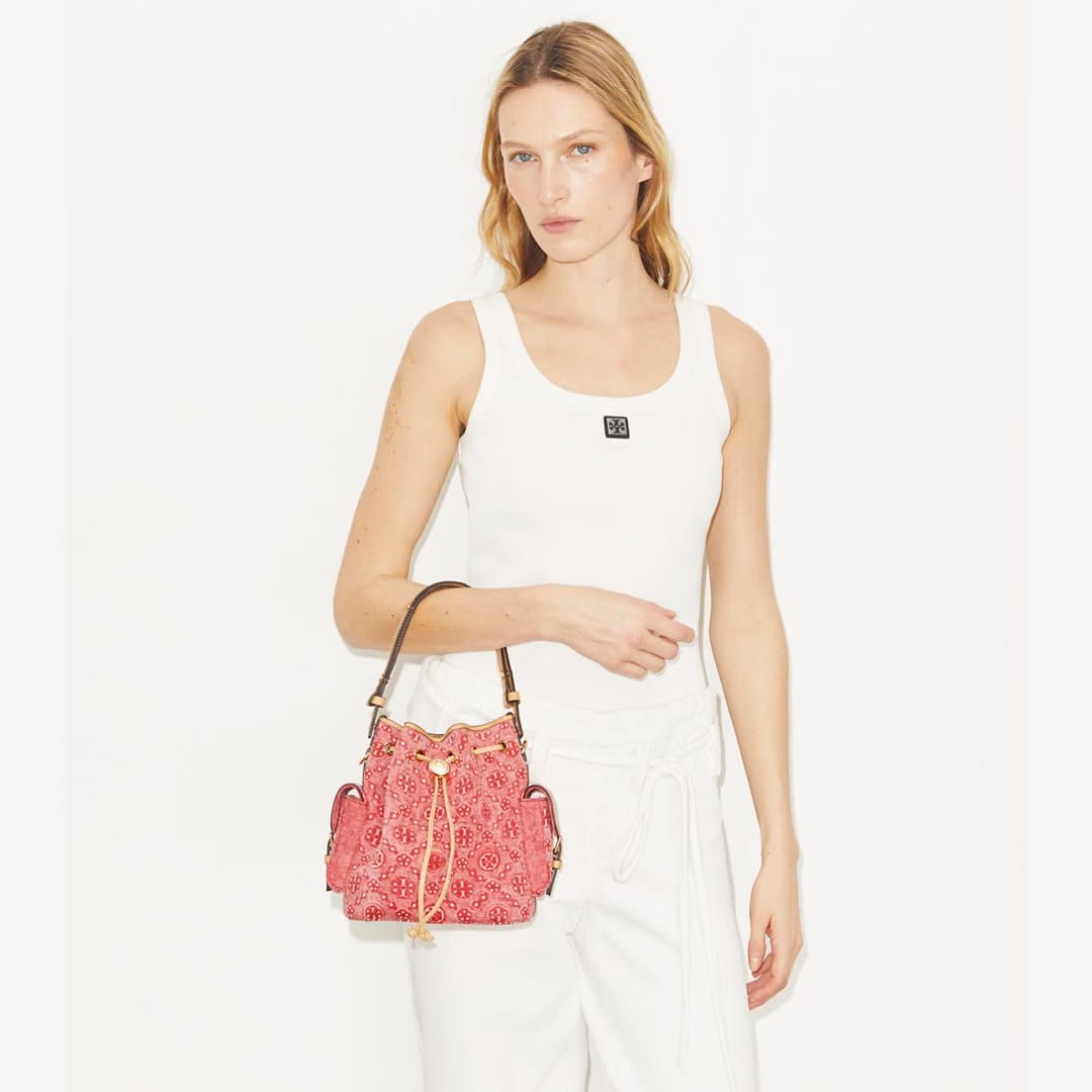 Tory Burch T Monogram Denim Bucket Bag Brilliant Red