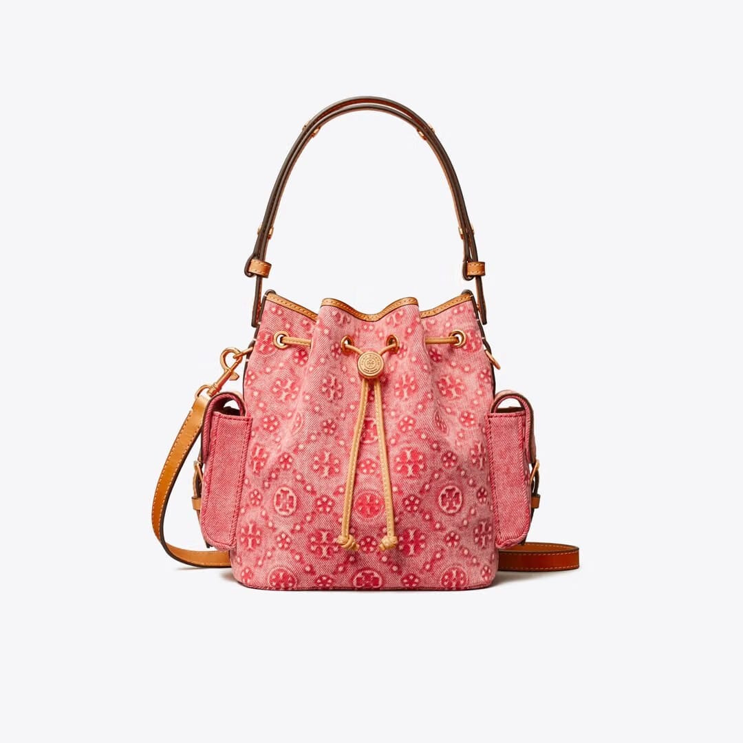 Tory Burch T Monogram Denim Bucket Bag Brilliant Red