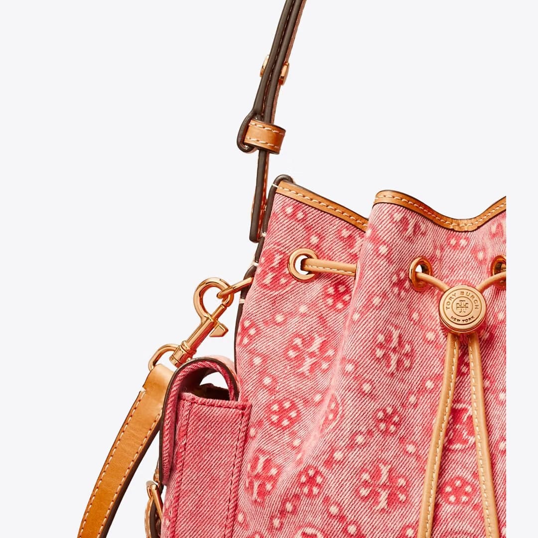 Tory Burch T Monogram Denim Bucket Bag Brilliant Red