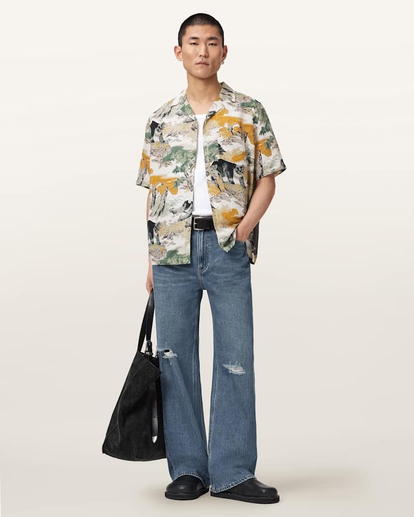 AllSaints Wader Short Sleeve Linen Blend Shirt Off White