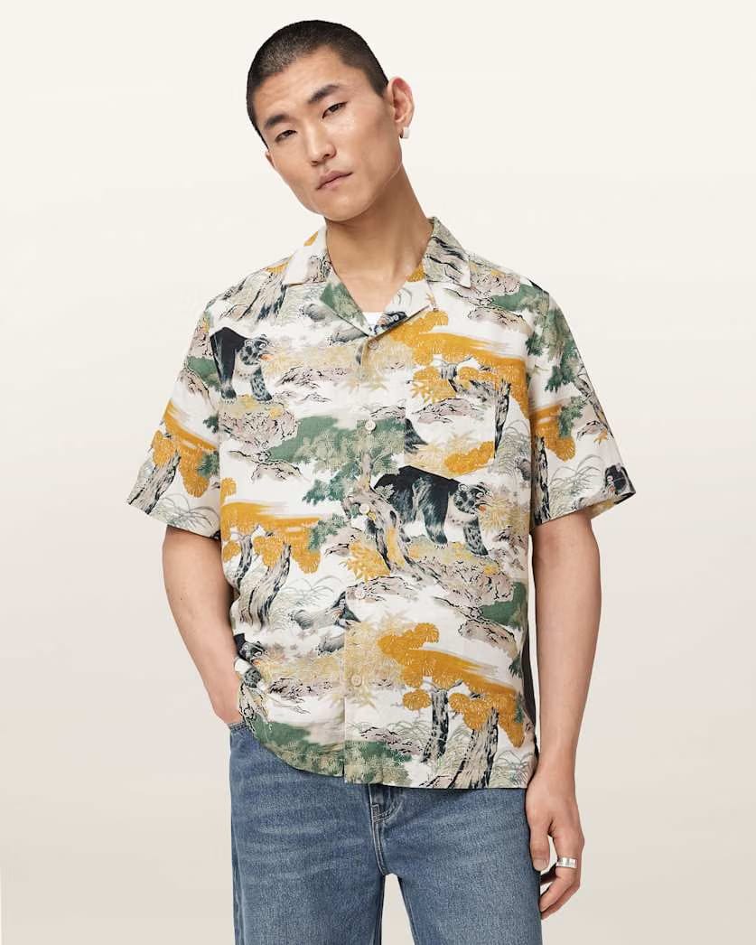 AllSaints Wader Short Sleeve Linen Blend Shirt Off White