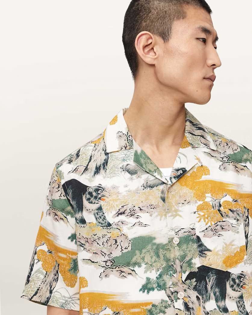 AllSaints Wader Short Sleeve Linen Blend Shirt Off White