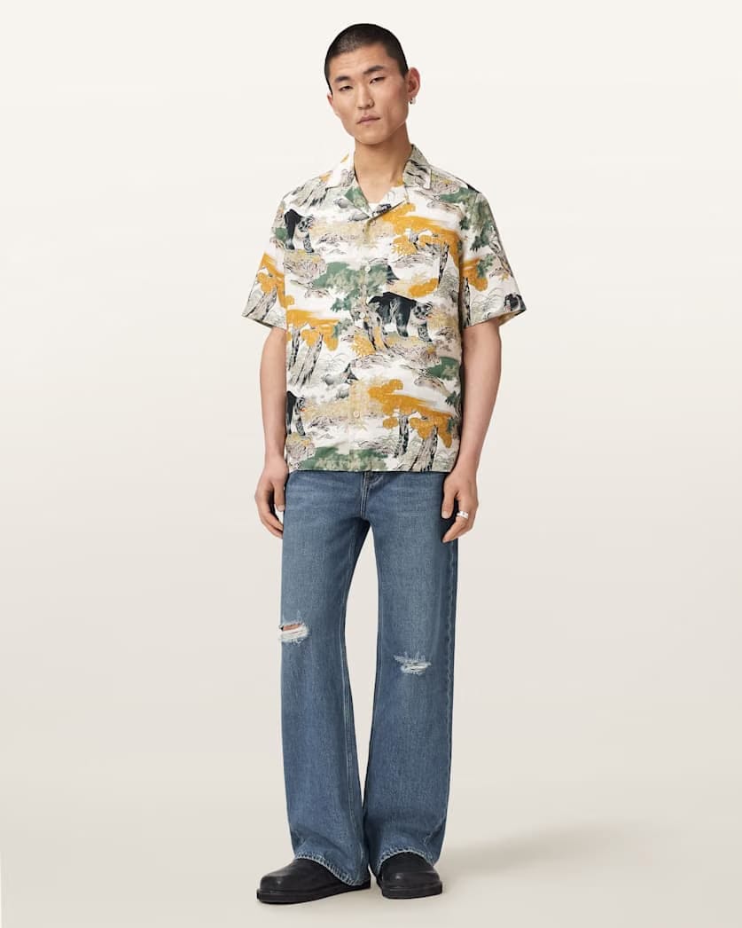 AllSaints Wader Short Sleeve Linen Blend Shirt Off White
