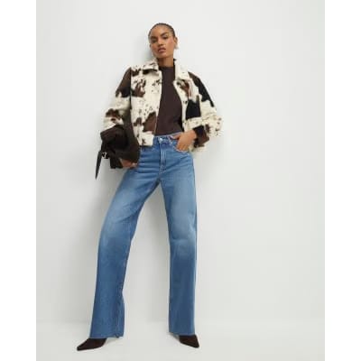 Blue Raw Hem Wide Leg Jeans