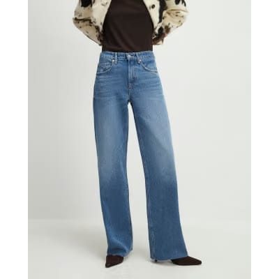 Blue Raw Hem Wide Leg Jeans