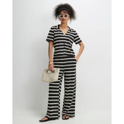 Black Short Sleeve Striped Crochet Shirt