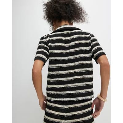 Black Short Sleeve Striped Crochet Shirt