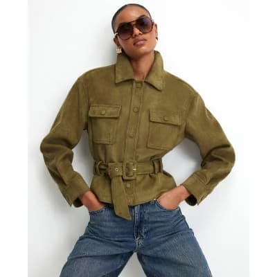 Khaki Belted Faux Suede Belted Jacket