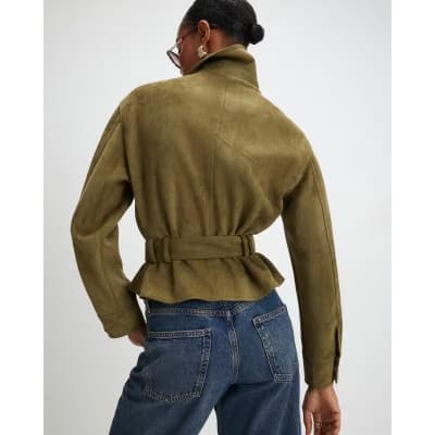 Khaki Belted Faux Suede Belted Jacket