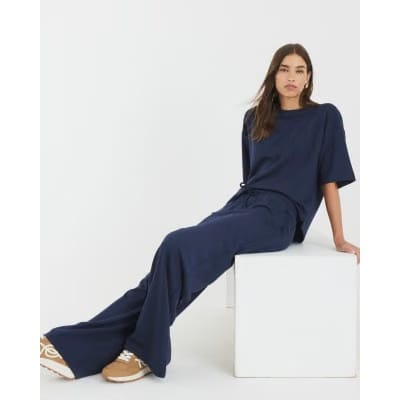 Navy Premium High Waisted Wide Leg Joggers