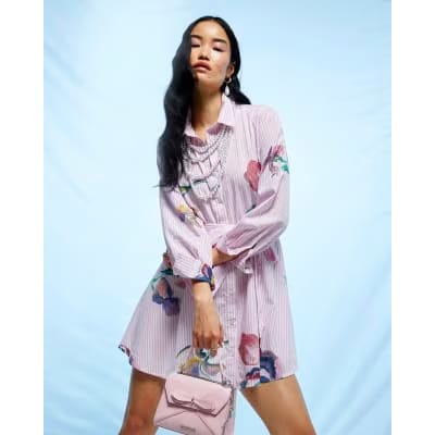 Pink Floral Stripe Shirt Dress