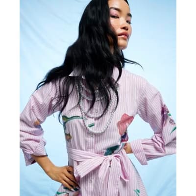 Pink Floral Stripe Shirt Dress