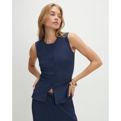 Navy Sleeveless Textured Button Through Top