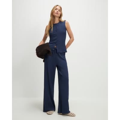 Navy Sleeveless Textured Button Through Top