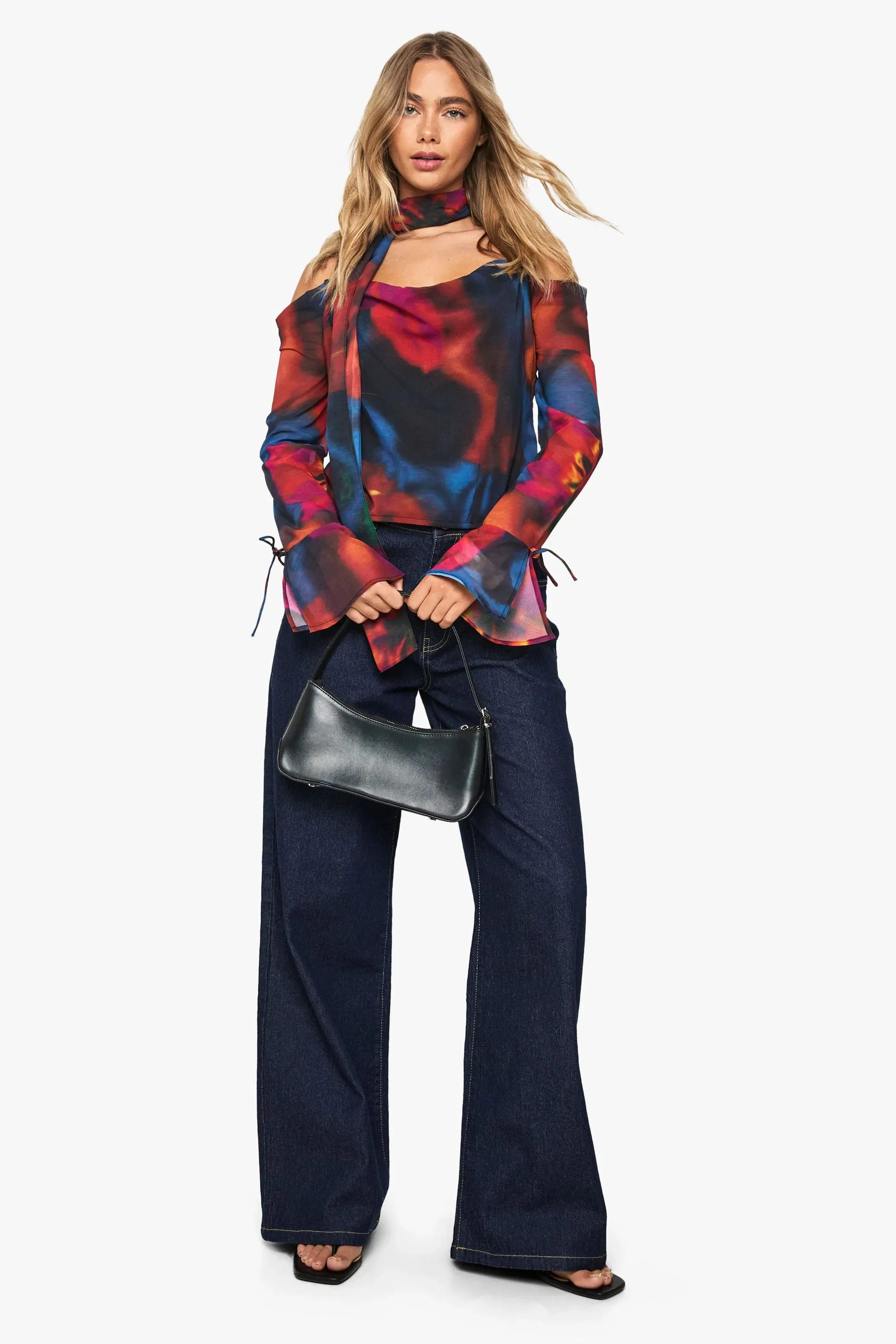 Abstract Floral Chiffon Cowl Neck Scarf Top