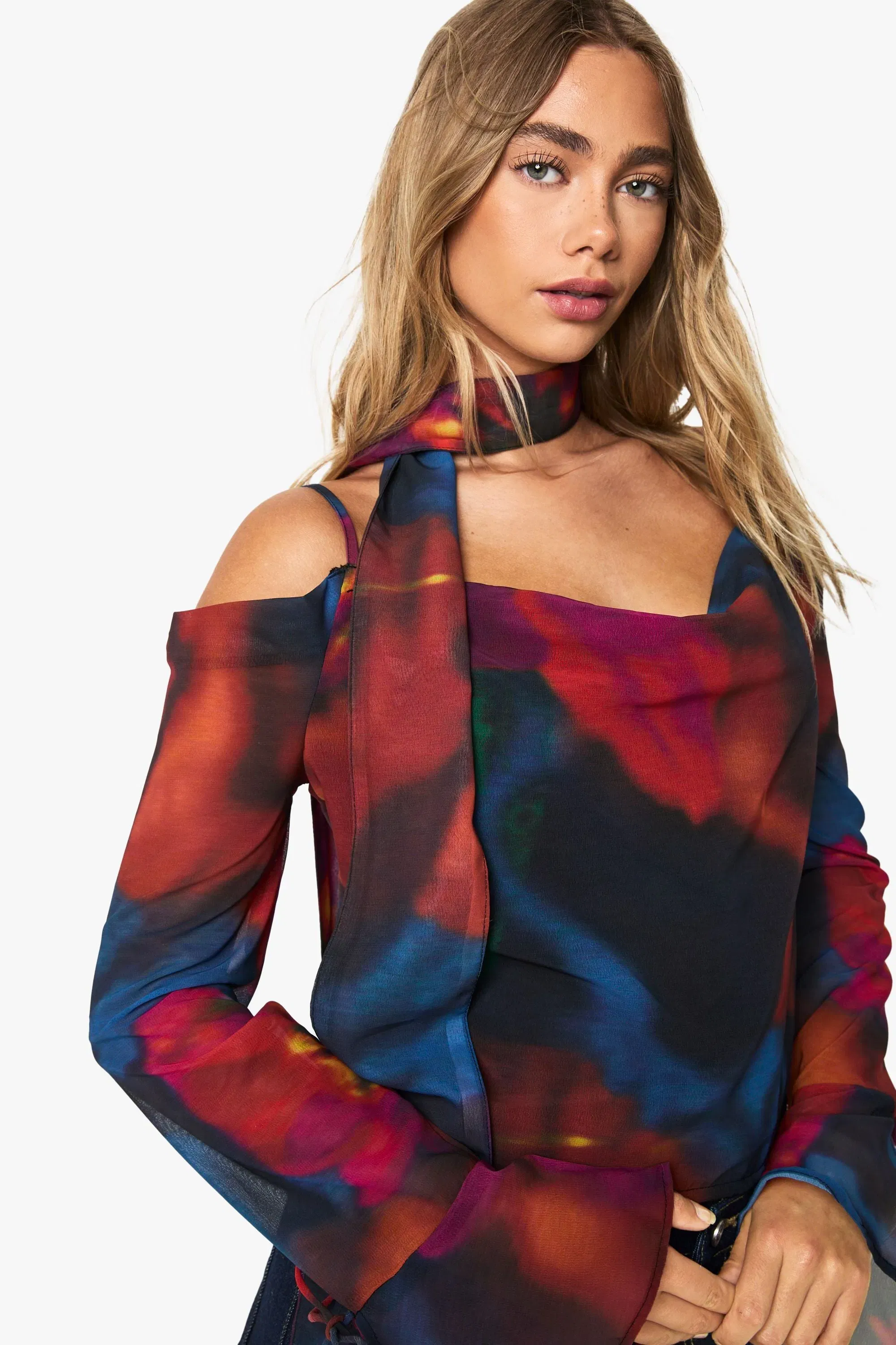 Abstract Floral Chiffon Cowl Neck Scarf Top