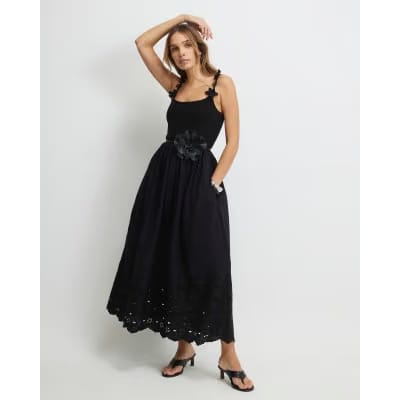 Black Poplin Broderie Tie Back Midi Dress