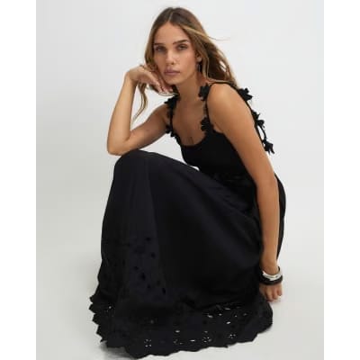 Black Poplin Broderie Tie Back Midi Dress