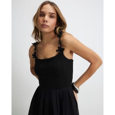 Black Poplin Broderie Tie Back Midi Dress