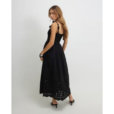Black Poplin Broderie Tie Back Midi Dress