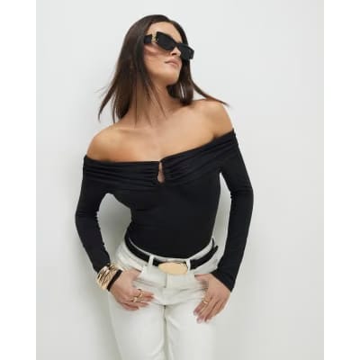 Black Fold Over Long Sleeve Bardot Top