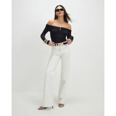 Black Fold Over Long Sleeve Bardot Top