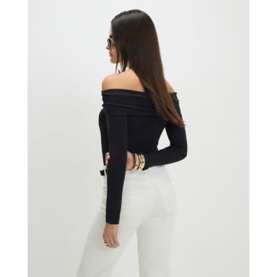 Black Fold Over Long Sleeve Bardot Top