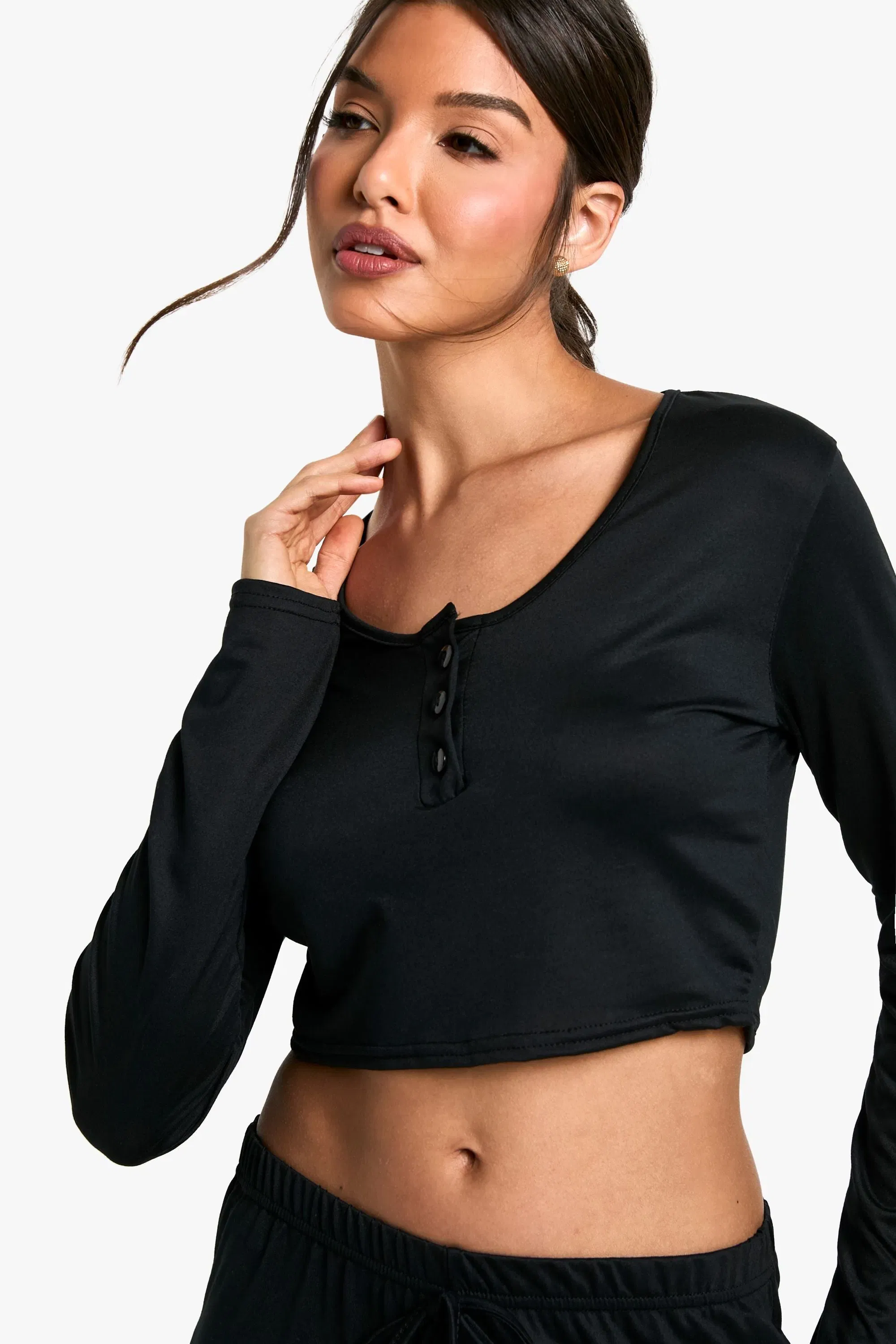 Loungewear Soft Touch Button Up Long Sleeve Crop Top