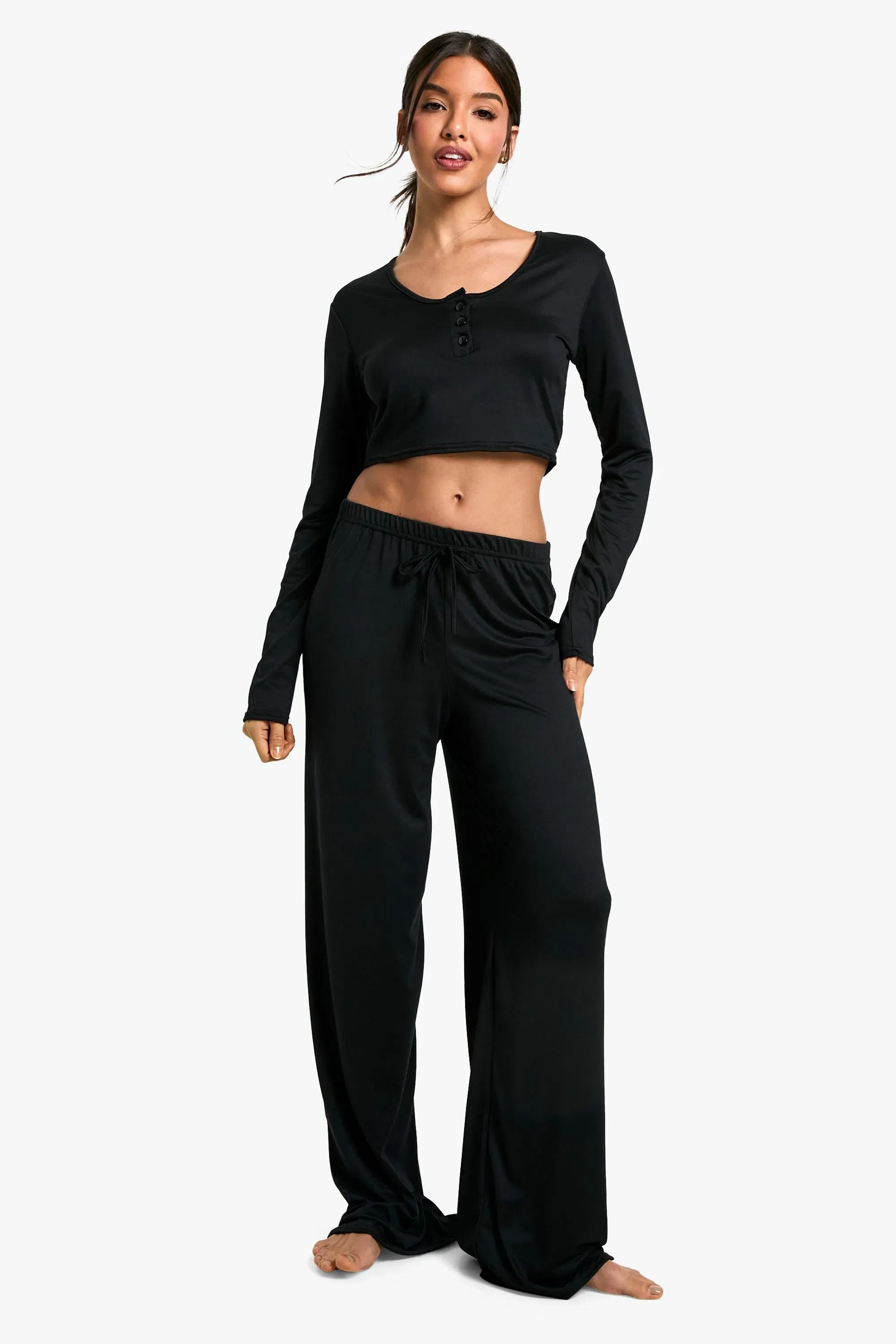 Loungewear Soft Touch Button Up Long Sleeve Crop Top