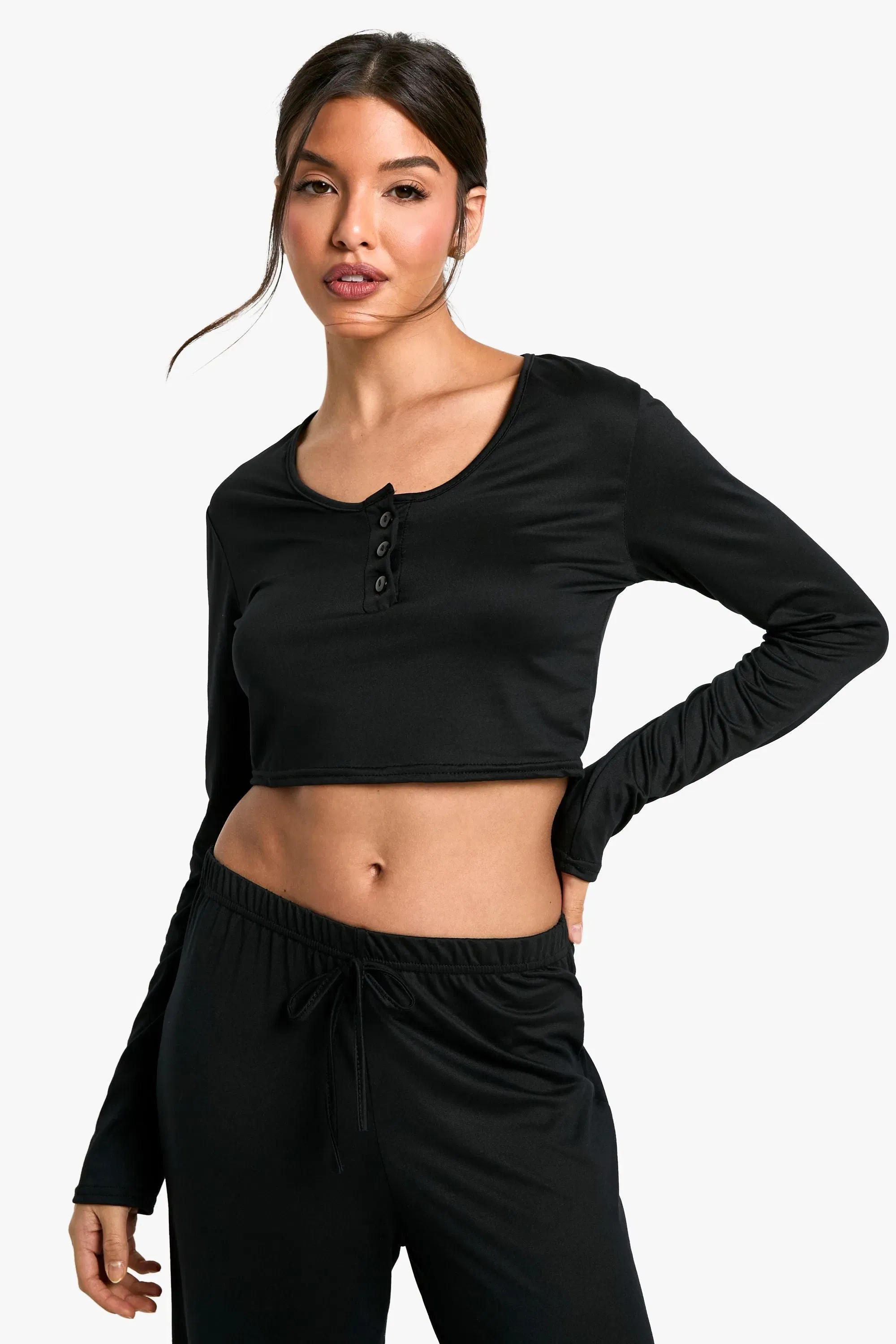 Loungewear Soft Touch Button Up Long Sleeve Crop Top