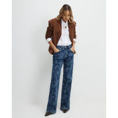 Blue Mid Rise Floral Bootcut Jeans