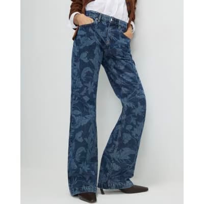 Blue Mid Rise Floral Bootcut Jeans