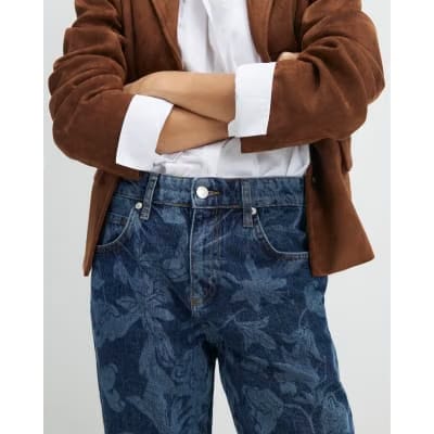 Blue Mid Rise Floral Bootcut Jeans