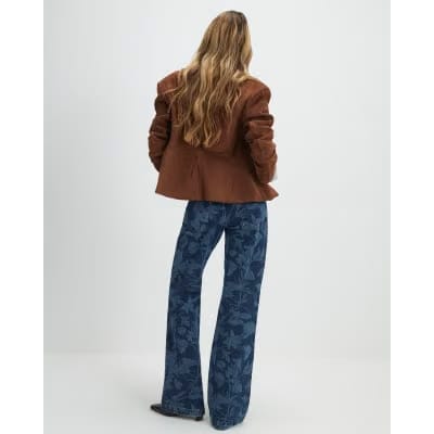 Blue Mid Rise Floral Bootcut Jeans