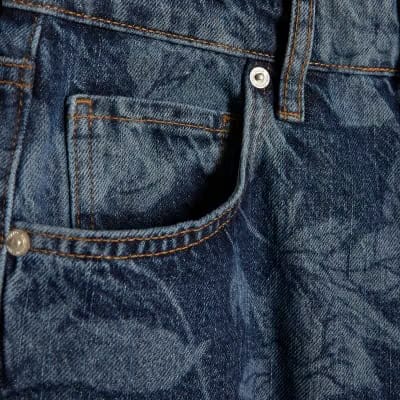 Blue Mid Rise Floral Bootcut Jeans